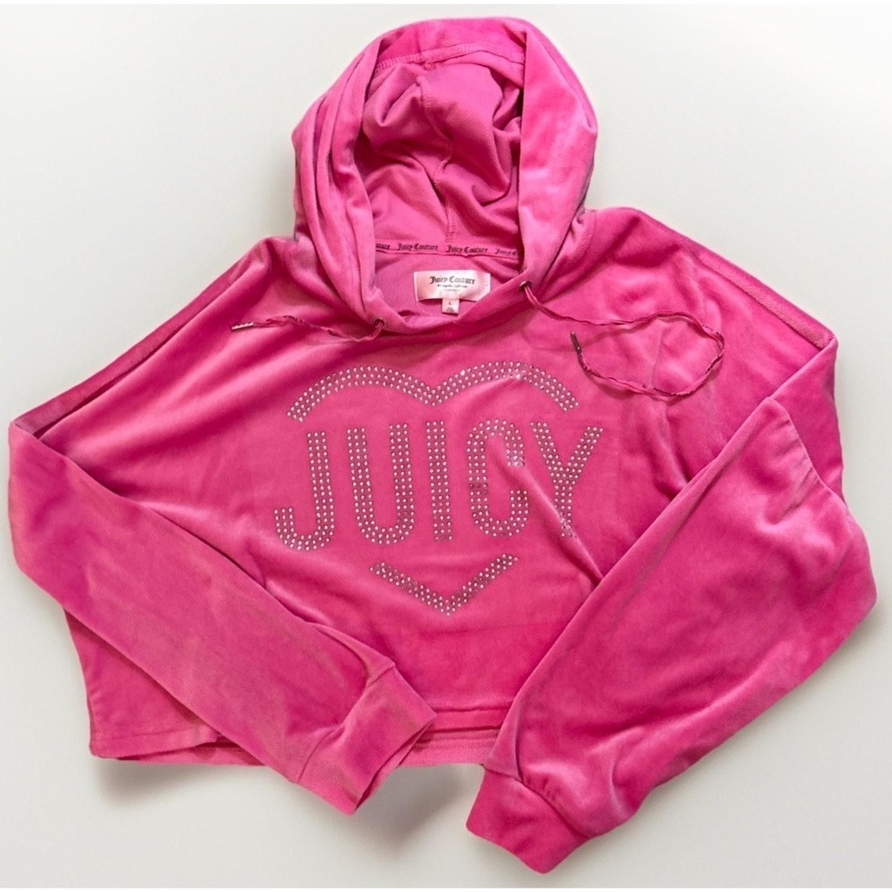 Juicy Couture Womens L Hot Pink Velour Cropped Hoodie Rhinestone Bling Heart Y2K